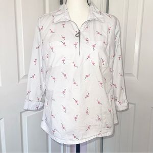 Coral Bay pink flamingo design zipup collarred pullover blouse,size Petite large